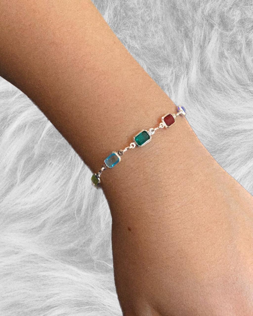 Pulseira de Prata 925 Pedras Coloridas